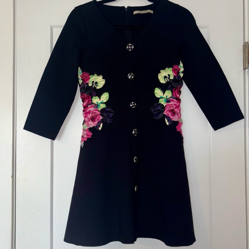 Vintage Black Embroidered Floral Accent Dress